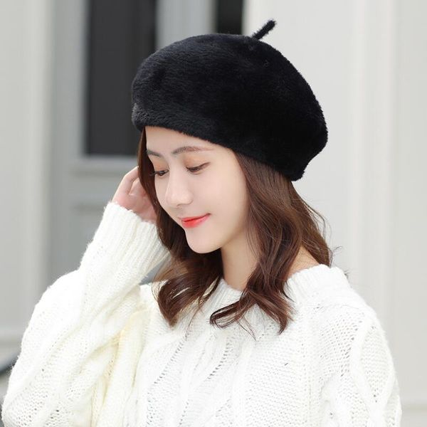 

berets women girls velvet beret winter beanie hat cap solid color hats autumn elegant ladies flat literary painter, Blue;gray