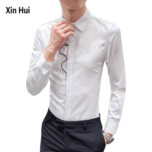 

chest embroidery men's shirt long-sleeved casual slim-fit formal solid color business social clothing shirts, White;black