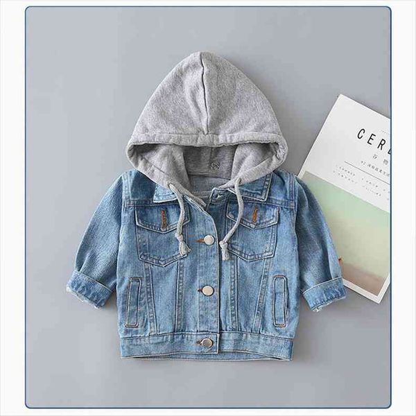 

kids boy clothes spring girls coat baby denim jacket korean childrens hooded long sleeve for boys, Blue;gray