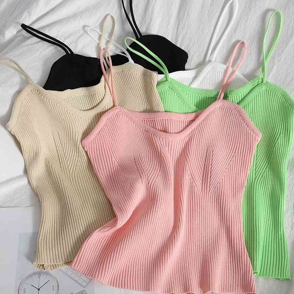 

women's tanks & camis summer knitted wild sweet thread sling womens spring korean pure color short vest women halter ombq, White