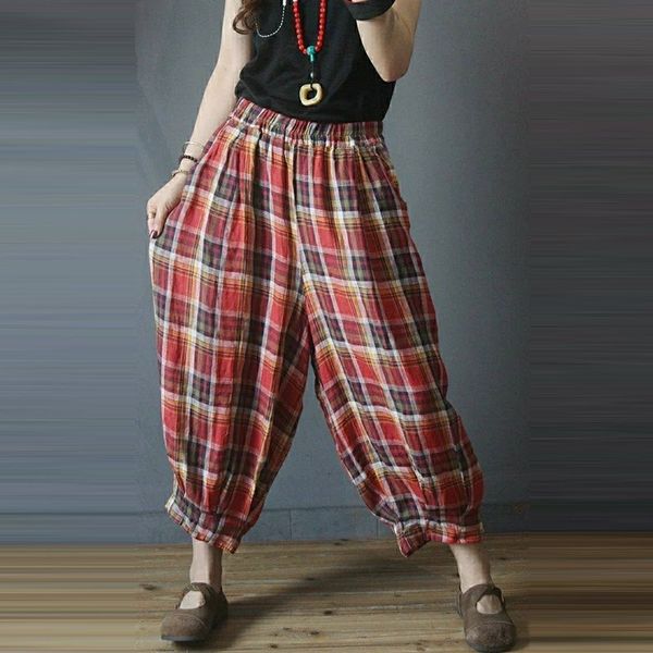 

capris you'll see girl-style elastic gears at the ankle-lengt waistline loose plaid vintage cotton casual linen hare pants plus size m2, Black;white
