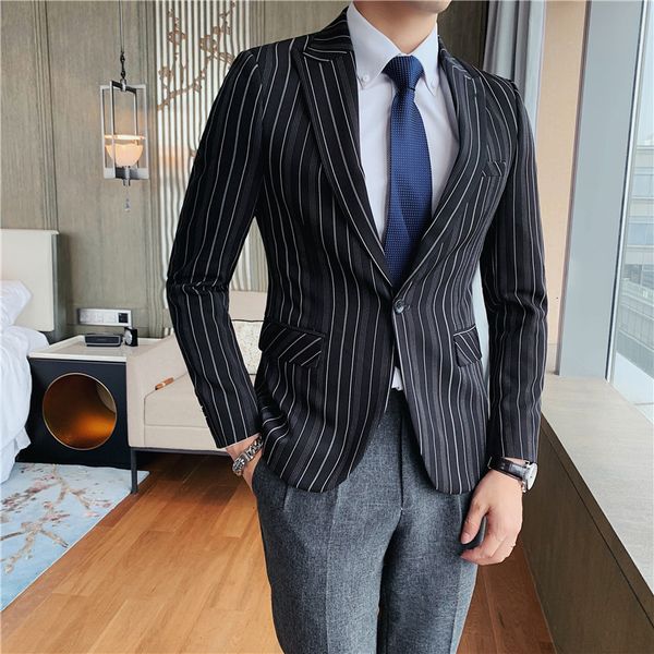 

men's suits & blazers british style thin korean fit vertical stripes blazer male formal long sleeve clothing casual black abpa, White;black