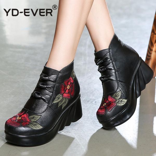 

boots fashion handmade for women genuine leather ankle shoes vintage platform round toes wedges, Black