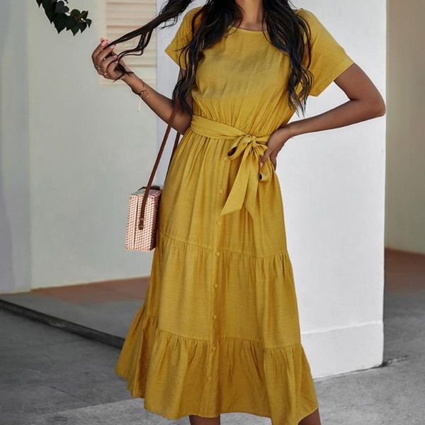 

women's swimwear dresses for women 2021 casual solid color o neck ruffled short sleeve large hem a line dress summer clothes, White;black