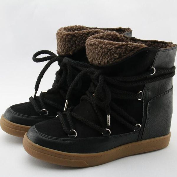 

boots 2021 botines mujer tan suede leather lace up women snow winter rain punk causal shoes woman booties wedge heels, Black