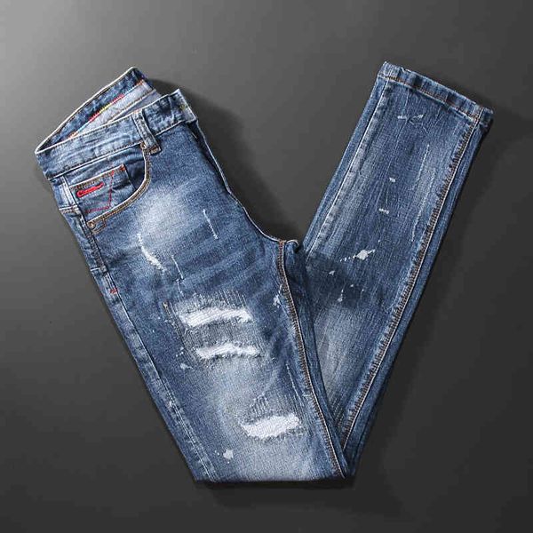 

jeans newly designer fashion men jeans retro light blue patches ripped denim pants elastic slim fit vintage long trousers