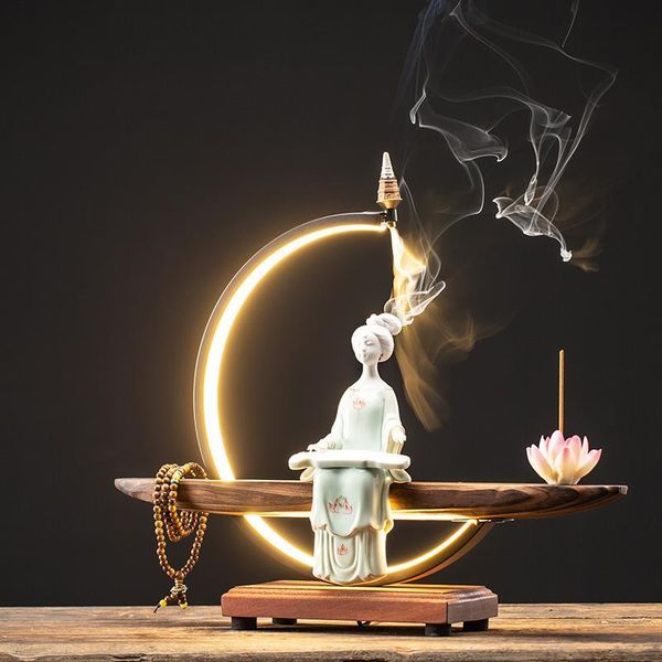 

fragrance lamps lady backflow incense burner ceramic led light smoke waterfall sticks holder with 20 pcs cones deskornaments decor
