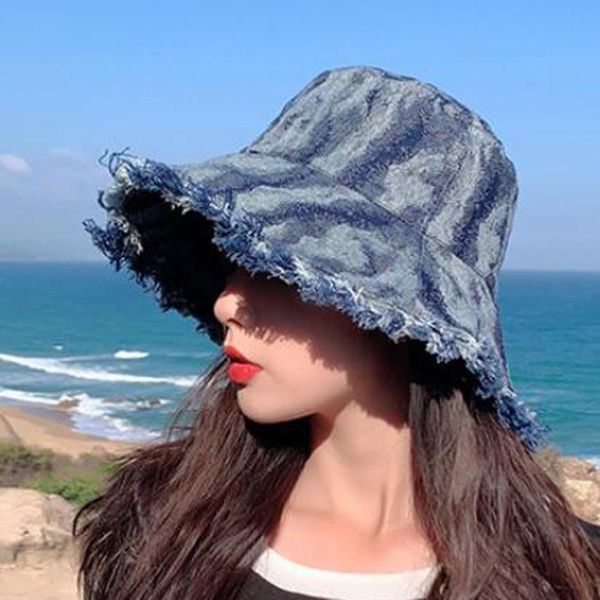 

wide brim hats summer women fashion tie-dye printed denim sunshade fisherman hat basin outdoor sunscreen bucket gorras#p3, Blue;gray