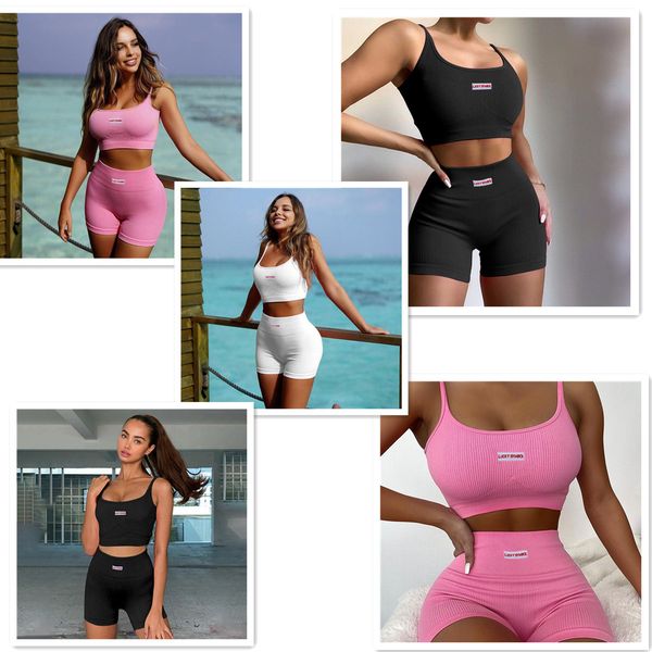 

summer women short two piece pants set outfits lady ribbed tracksuit jogger suits suspenders suit gym clothing, White