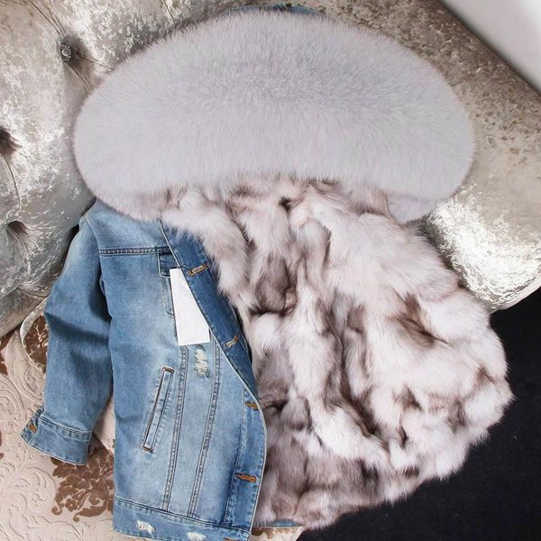 

women's fur & faux 2021 real jacket denim coat for women outerwear streetwear fashion thick warm, Black