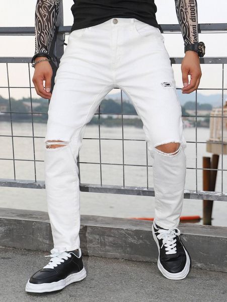 

men ripped slant pocket jeans 88w5#, Blue