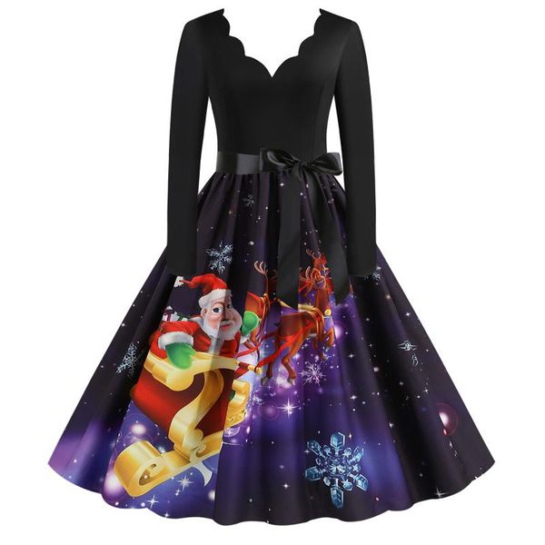 

casual dresses 2021 merry christmas party dress for women fashion v-neck long sleeve a-line midi cartoon print bandage robes, Black;gray