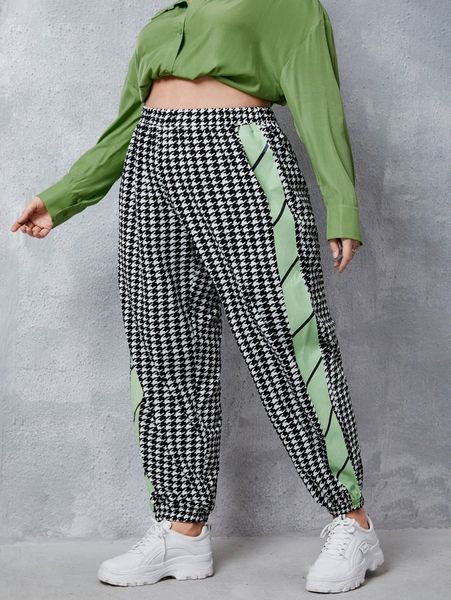 

plus houndstooth contrast side seam sweatpants w676#, Black