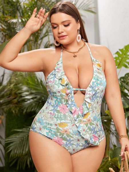 

plus floral print ruffle trim one piece swimsuit d5ih#, Black