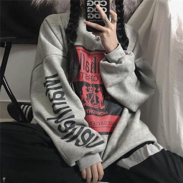 

women's hoodies & sweatshirts autumn and winter plus velvet thick round neck gray sweater female ins trend korean loose student clothes, Black