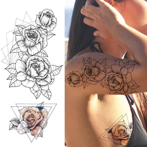 

temporary tattoos pencil sketch rose tattoo sticker realistic fake geometric flower tatoo waterproof body art arm wasit for women