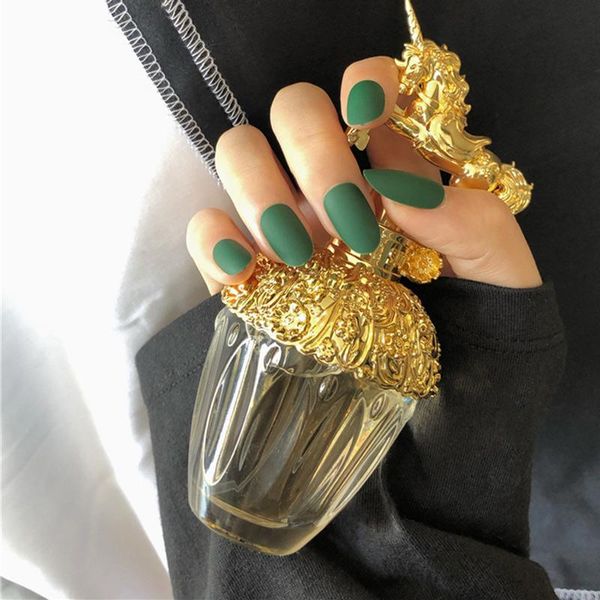 

false nails 24pcs matte green color full cover press on nail short round head manicure patch wearable pure ti, Red;gold