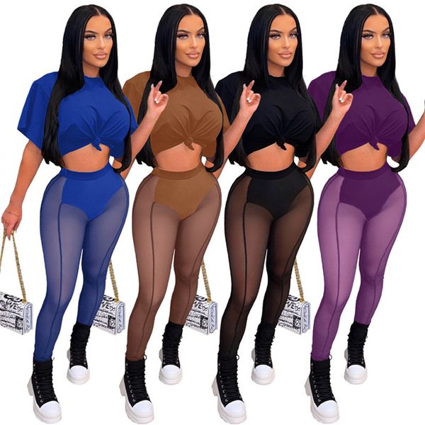 

summer tracksuits women outfits short sleeve solid t shirts+mesh pants two piece set spring clothes club wear casual matching set 7102, Gray