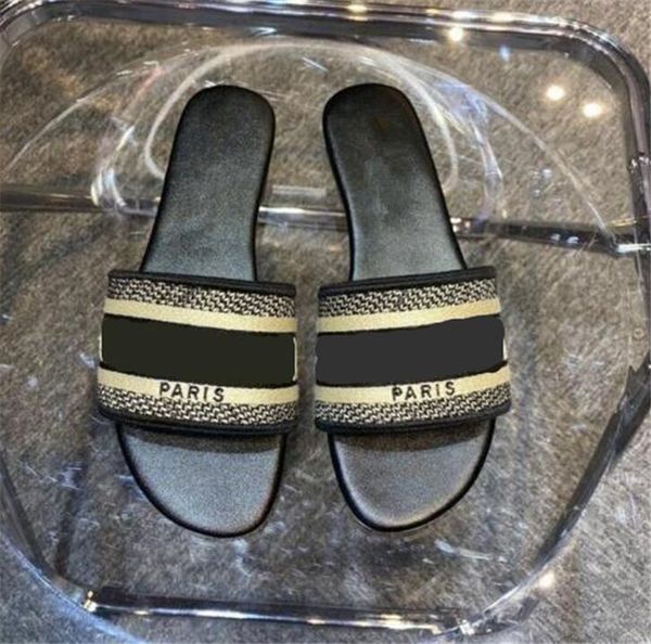 

2022 women sandals slippers embroiderys designers slides sandal floral brocade flip flops striped beach leather rubber flower slipper loafer, Black