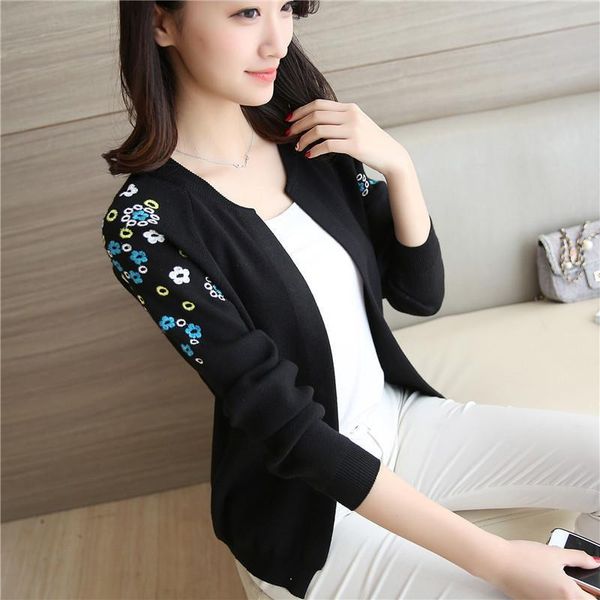 

autumn long sleeve shoulder womens sweaters floral embroidery casual cardigans jacket coats, White;black