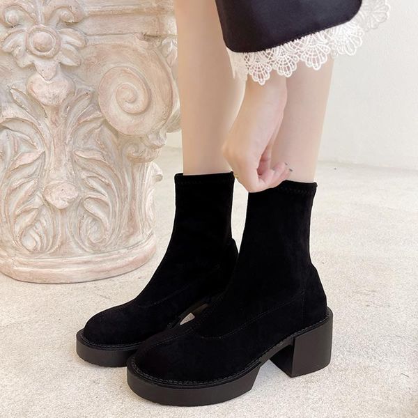 

boots women ankle thick sole round toe suede ladies shoes square heel sewing slip-on female short boot black casual footwear