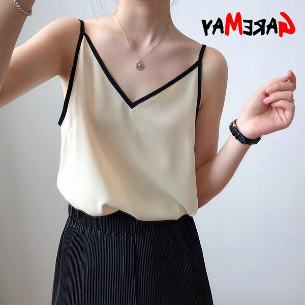 

women's tanks & camis women garemay 2021 clothes summer tank v-neck fashion silk chiffon sleeveless black white crop for
