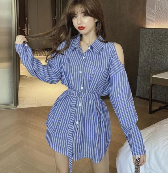 

lazy women autumn striped shirts hollow out shoulder femme lace up waist women's blouses &, White