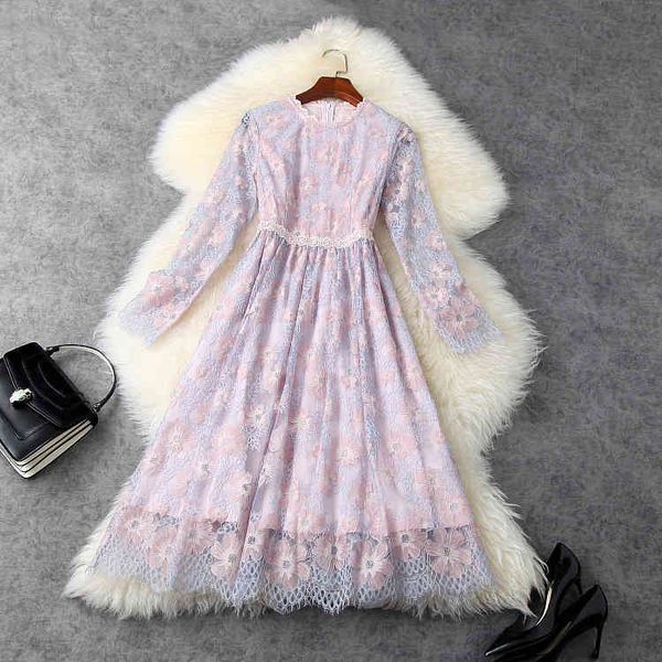 

dresses european american women's clothing 2021 spring lace with long sleeves and round neck fashion pleated dress k1w1, Black;gray