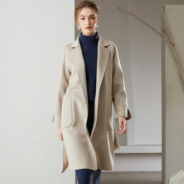 

women's wool & blends autumn and winter european american double-sided woolen coat water ripple over the knee long loose version, Black