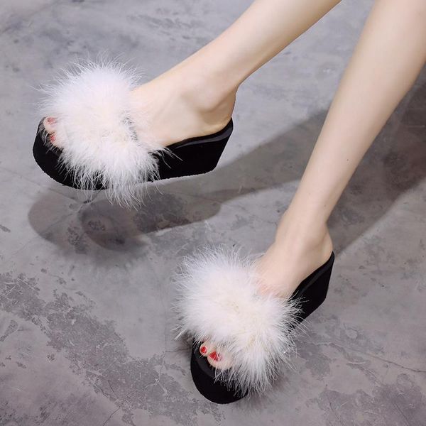 

on a wedge house slippers platform shoes women heels luxury slides pantofle fur flip flops high designer summer 2021 flat plush, Black