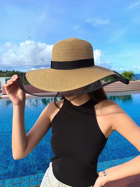 

sunscreen and sun shading large straw hat female korean version tide summer small incense brim beach sea face wide hats, Blue;gray