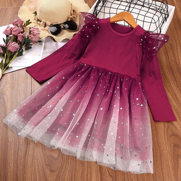 

girl's dresses 2021 children's clothing autumn girls dress long sleeve starry sky mesh princess, Red;yellow