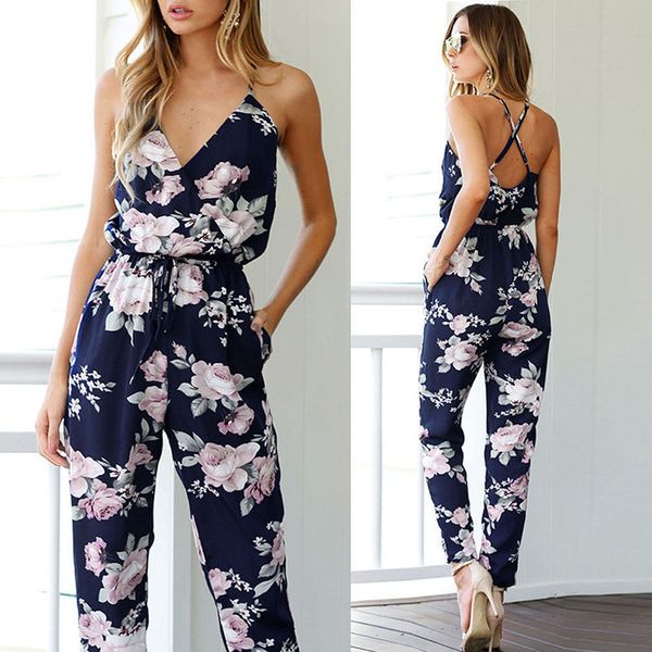 Strampler Frauen Overall Sommer Damen Blau Sexy Tiefem V-ausschnitt Spitze Up Ärmellose Blumen Zurück Kreuz Casual Overall Femme 210419