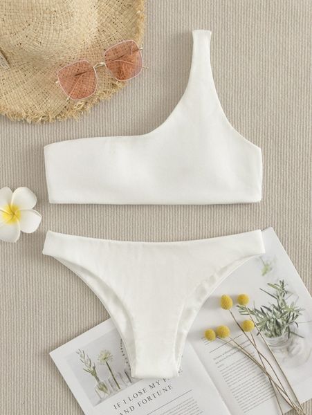 

rib one shoulder bikini swimsuit 24h2#, White;black