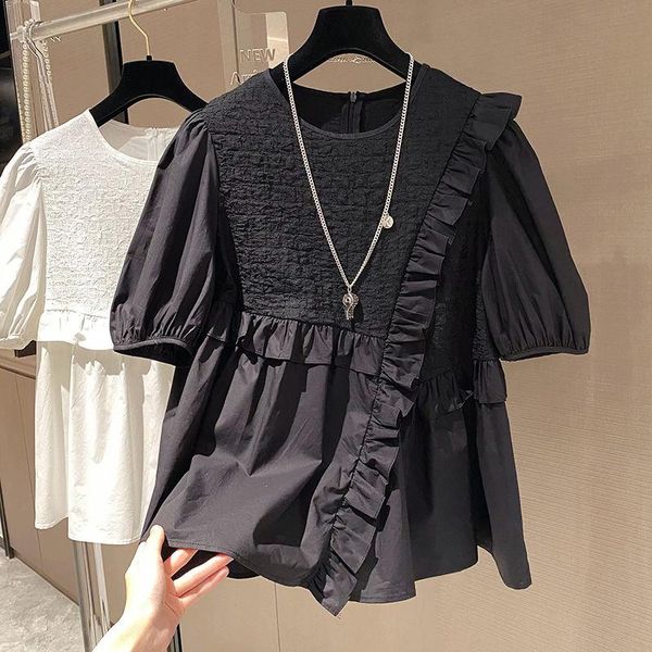 

women's blouses & shirts 2021 women doll shirt korean ruffle patchwork sweet blouse causal puff short sleeve o-neck blusas feminimos, White