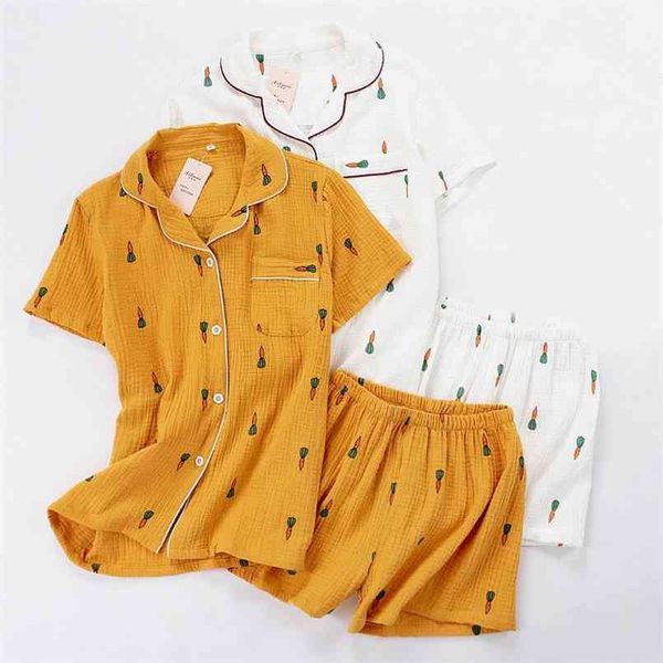 

women pajamas set summer comfort gauze cotton turn-down collar sleepwear ladies thin loose cartoon carrot printed homewear 210809, Black;red