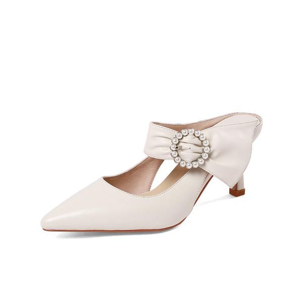 

slippers elegant sling-back heels pumps girls summer genuine leatehr women sandals pearl decoration wedding party shoes woman, Black