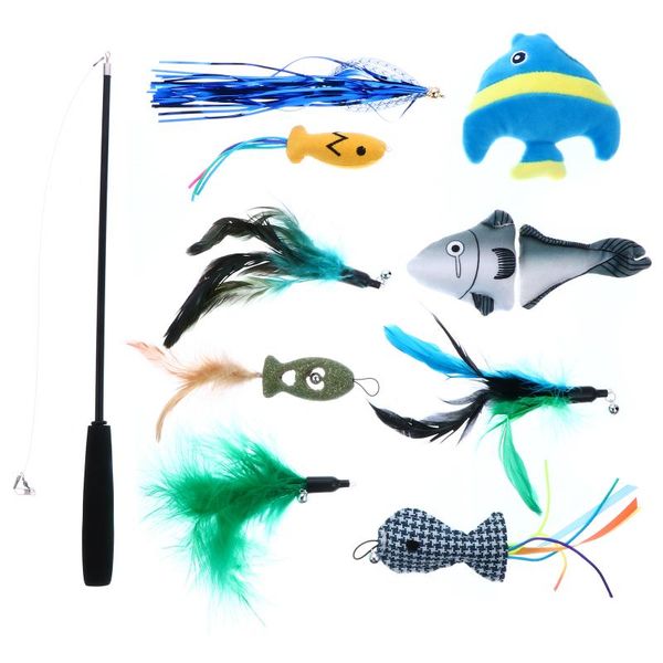 

cat toys 11pcs pet fishing stick rod with replacing feather and plush