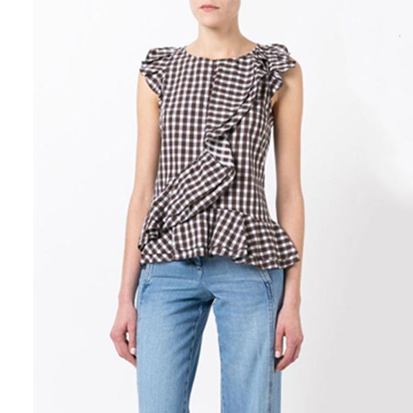 

women's blouses & shirts summer sleeveless ruffle women blouse elegant office causal ladies fashion plaid shirt vintage plus size white