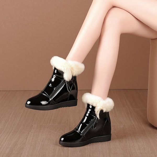 

boots mljuese 2021 women ankle cow leather winter wool blend rubbit hair round toe wedges heels female size 40, Black