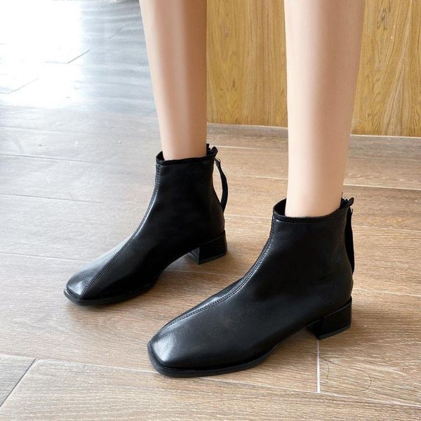 

boots 2021 round toe woman flat brand women's shoes boots-women booties ladies back zip zipper winter footwear low fashion, Black