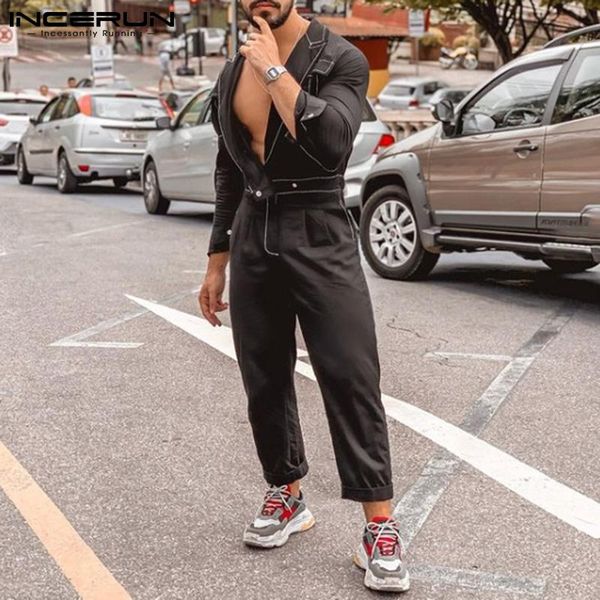 

men's pants incerun american style men solid siamese fashionable long-sleeved casual streetwear overalls s-5xl 2021, Black