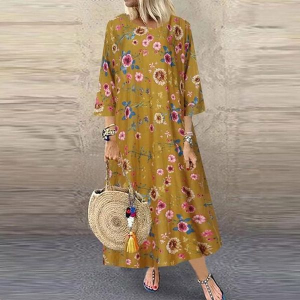 

women's floral print long sleeve round neck cotton dress summer casual daily street size retro loose dresses, Black;gray