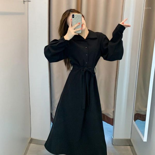 

spring 2021 women's plus size black dress a-line casual sailor collar street style solid empire mid-calf regular wrist dresses, Black;gray