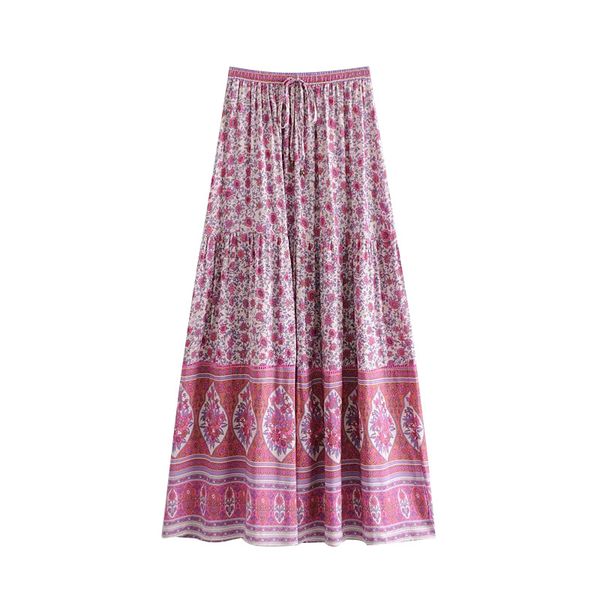 

casual dresses women summer beach long skirts pink floral print vintage bohemian holiday seaside casual maxi elastic waist drawstr, Black;gray