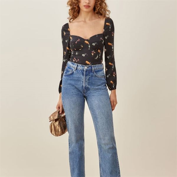 

summer women's casual print square neck long sleeve slim shirt 210430, White