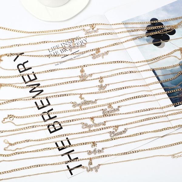 

twelve zodiac letters diamond necklace 12 constellation pendant couple jewelry for women girls, Silver