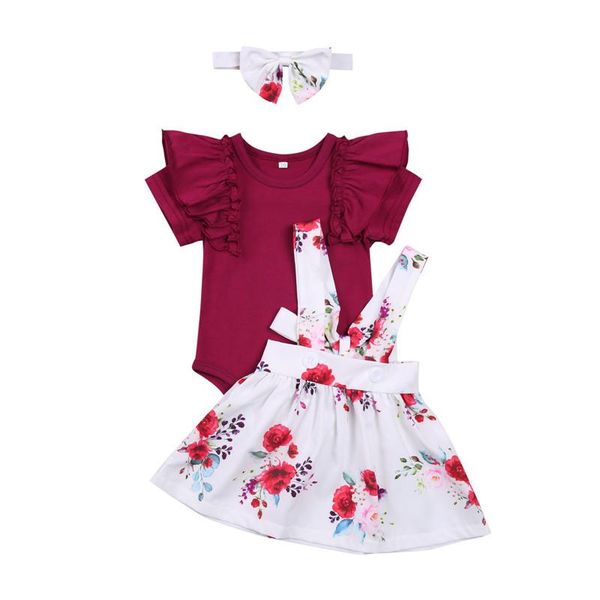 

clothing sets baby girl 3pcs clothes set solid color ruffled short sleeve romper +flower printed suspender skirt+headband, White