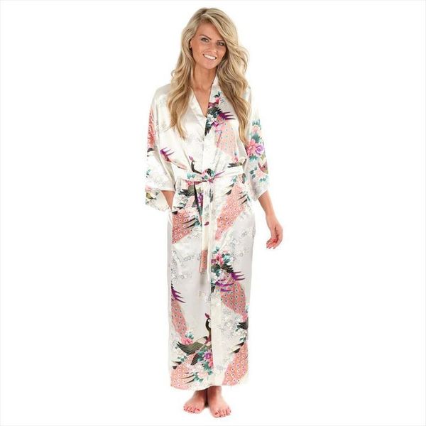 

high fashion white silk kimono womens sleepwears robe gown chinese style long nightgown flower size s  l xl, Black;red