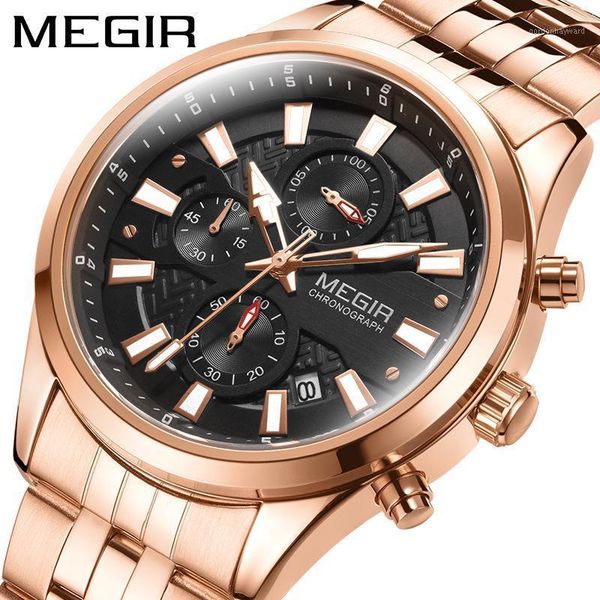 

wristwatches brand megir fashion mens watches chronograph waterproof stainless steel date sports quartz watch men wristwatch 2154, Slivery;brown